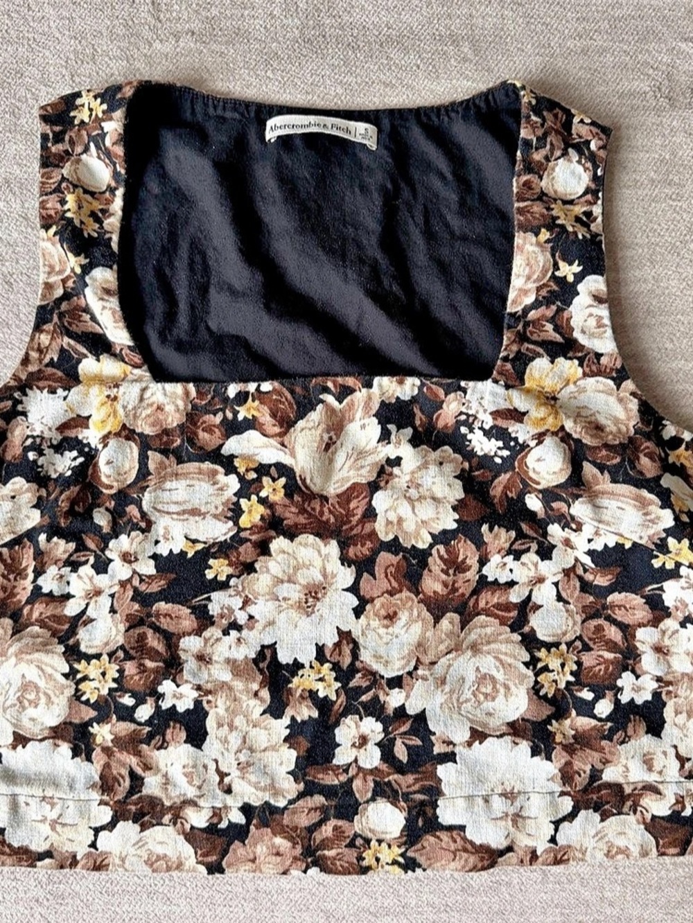 Abercrombie & Fitch Linen Floral Square Neck Crop Top Black & Brown Small